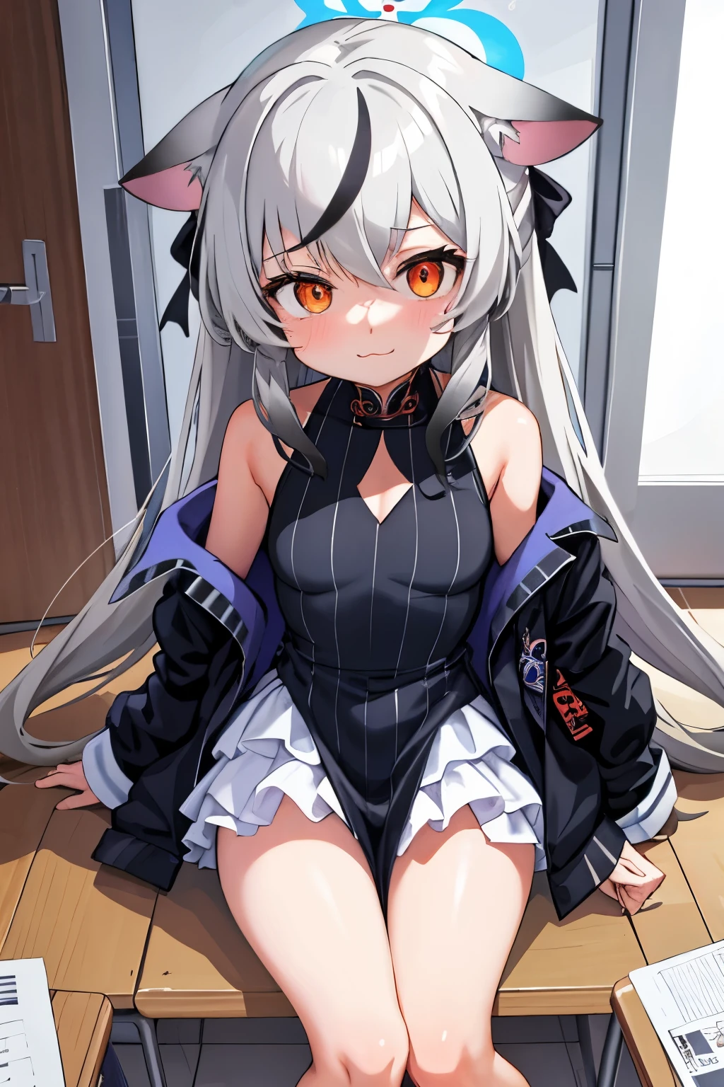 tmasterpiece, best qualtiy, ultra - detailed, 1girll,Gray hair Kokona, inside in room, Orange eye, :3,the face, closeup cleavage, at school