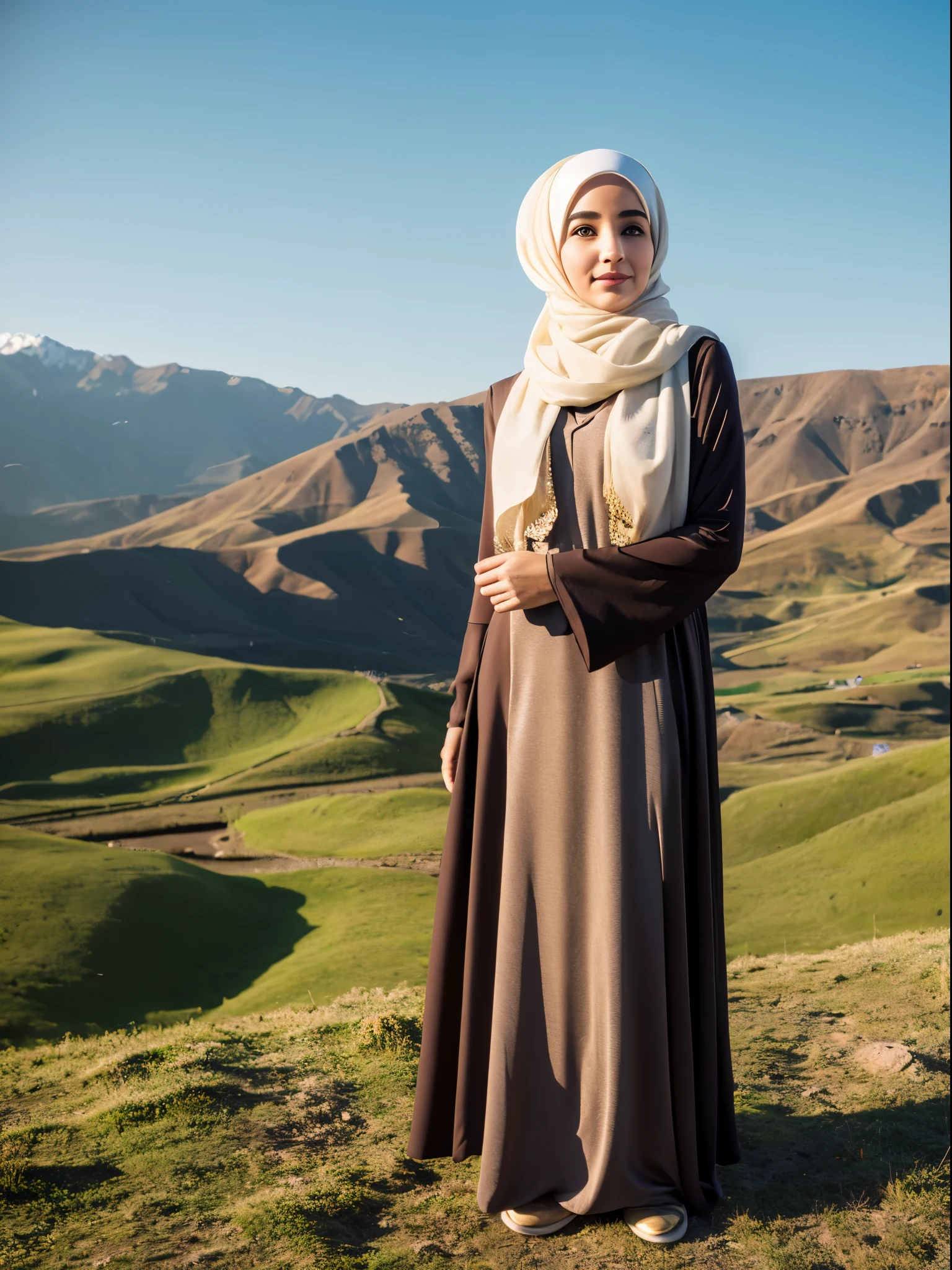 Woman hijab with dress,standing in range mountain,realistic,hd,4k,70mm lens,ultra detail