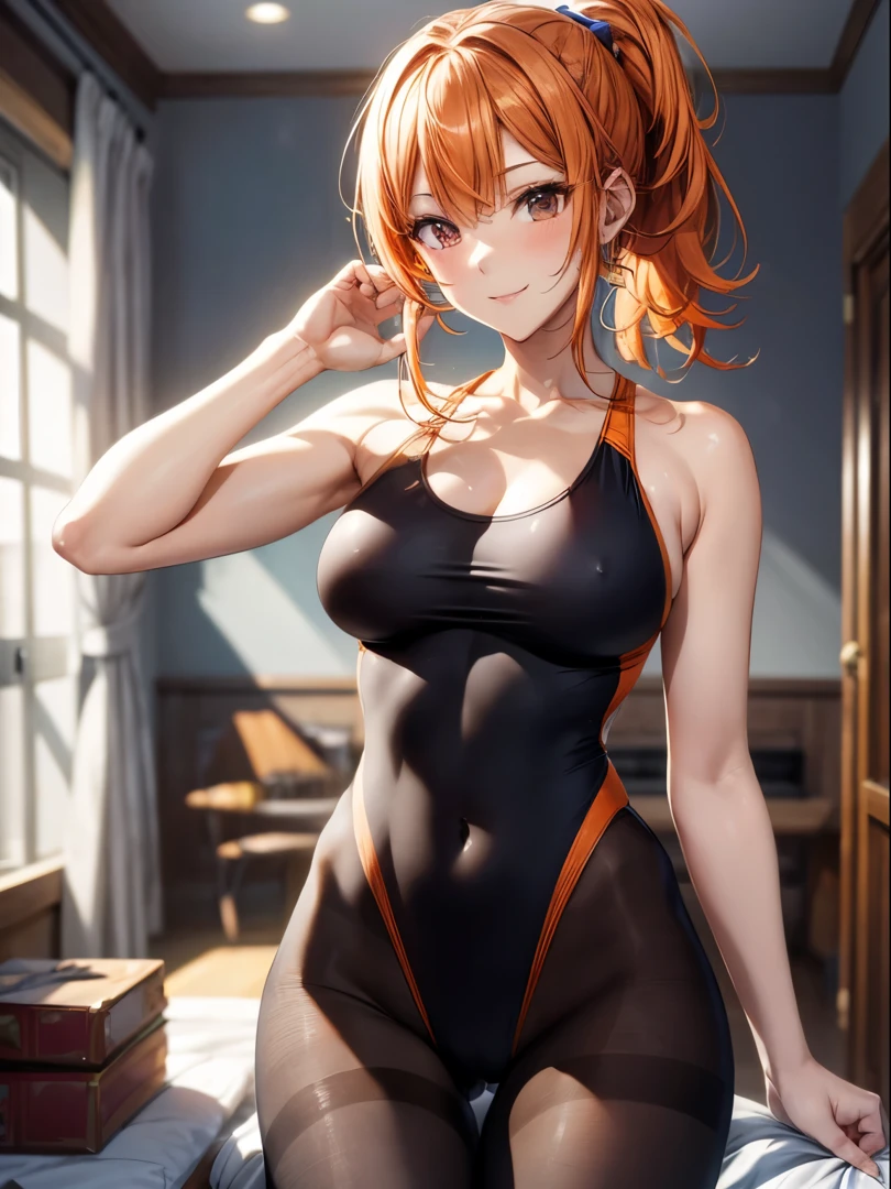 top-quality、Full limbs、complete fingers、Slender beauty、1人の女性、((orange hair woman))、Woman in a ponytail、Beauty busty woman、((Orange competitive swimsuit))、((Brown pantyhose))、A big smile、((Love))、inside in room、a bed