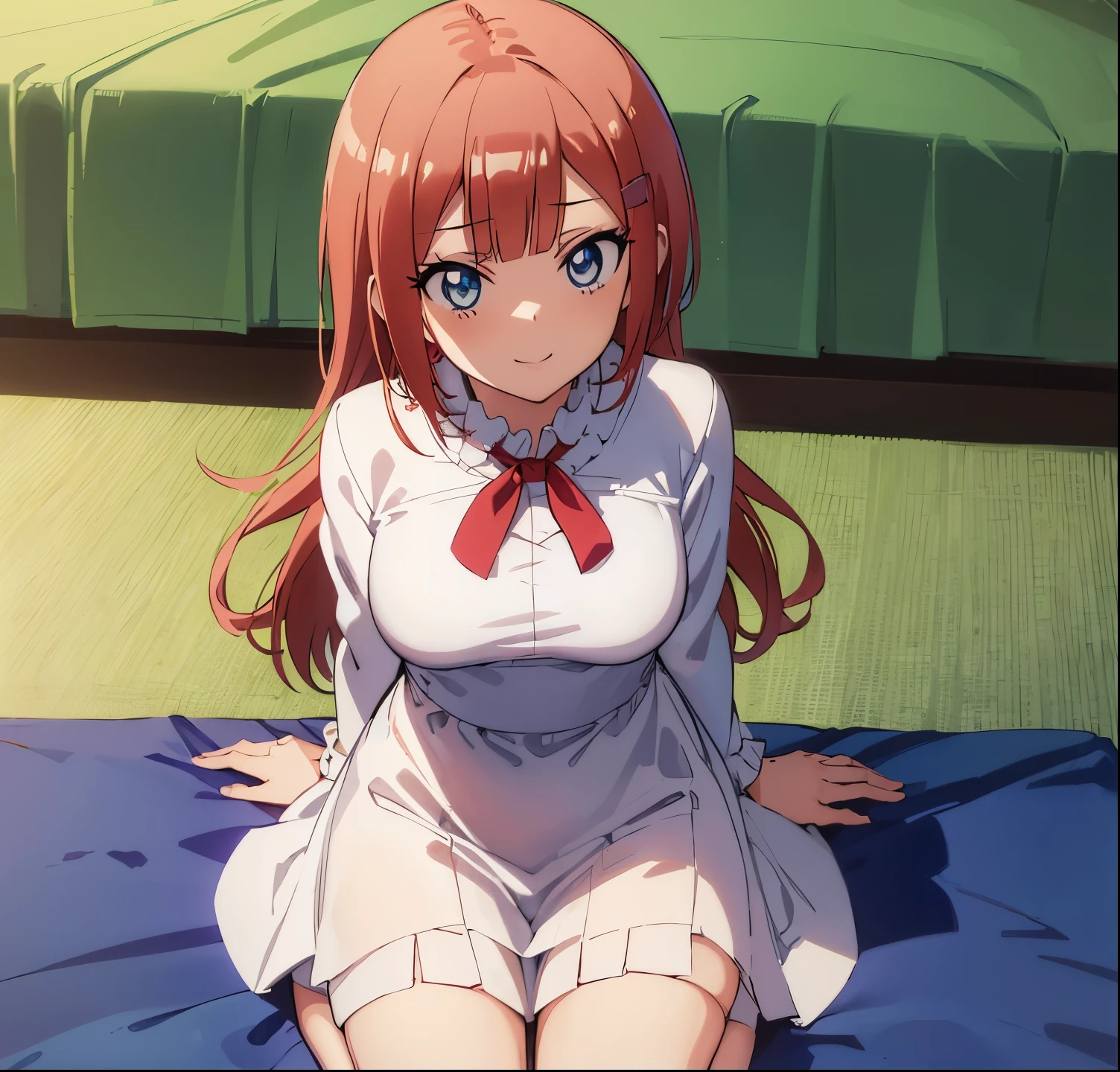 ((masutepiece)), ((Best Quality)), (Ultra-detailed), Anime style, look down from above, on the bed, s, 1girl in, Solo, underwear00, ((Beautiful eyes)), large full breasts, Smile