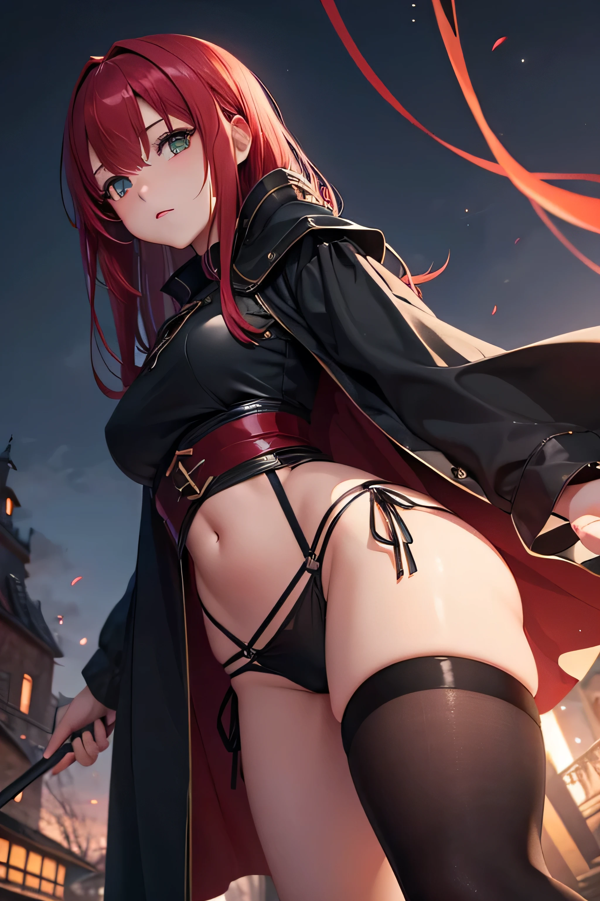 lighting like a movie、top-quality、Dark Mage、On the outskirts of the village、red hair、a miniskirt、Black panties、medium tit、green and pretty eyes,