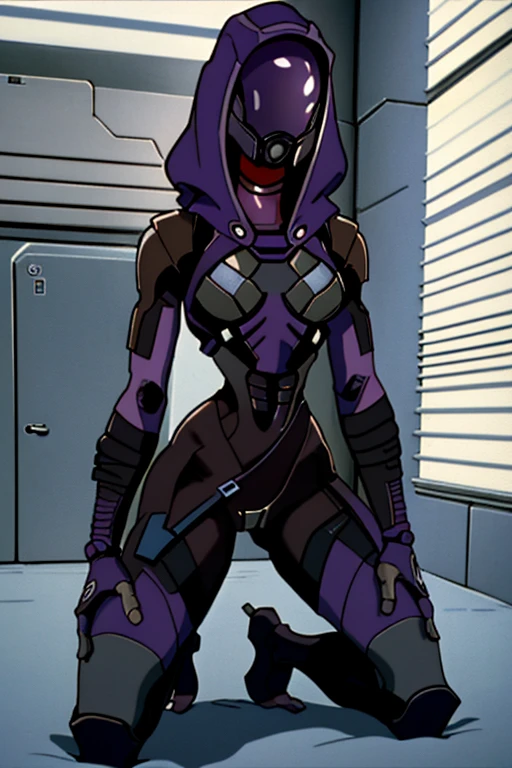 masterpiece, best quality, 1990s \(style\), 1girl, solo, tali'zorah, tali'zorah from mass effect, hood, purple bodysuit, mask, (helmet, faceless), hood up, alien, inside,, facing viewer, wide hips, evangelion anime style, anime screencap, full body portrait