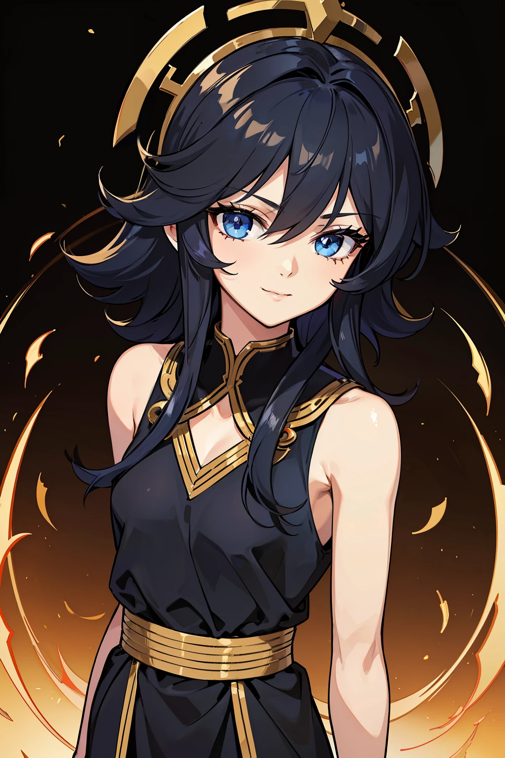 (high-quality, breathtaking),(expressive eyes, perfect face) portrait, 1girl, girl, solo, young adult, black hair, blue coloured eyes, stylised hair, gentle smile, short length hair, loose hair, side bangs, curley hair, really spiky hair, spiked up hair, looking at viewer, portrait, ancient greek clothes, black long sleeved tunic gold trim around collar edges and down middle, greek, red and gold sash, simple background, slightly narrow eyes, small body, happy expression, clothes similar to Hypnos Saint Seiya, C cup size breasts, beautiful hairstyle
