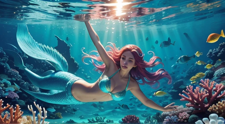 A girl floating gracefully underwater, surrounded by shimmering turquoise waves, colorful coral reefs, and marine life. Her long, flowing hair dances with the currents, adorned with delicate seashells and pearls. She has a mesmerizing, ethereal beauty with intricate scales shimmering across her tail, reflecting the sunlight that filters through the water. The vibrant and vivid colors of the underwater world are brought to life in this stunning masterpiece, capturing the magical and enchanting allure of a mermaid. The image is of the highest quality, with ultra-detailed features, realistic and photorealistic rendering. The lighting is soft and gentle, casting a warm glow on the scene. Colors are vibrant and rich, creating a captivating and immersive visual experience.