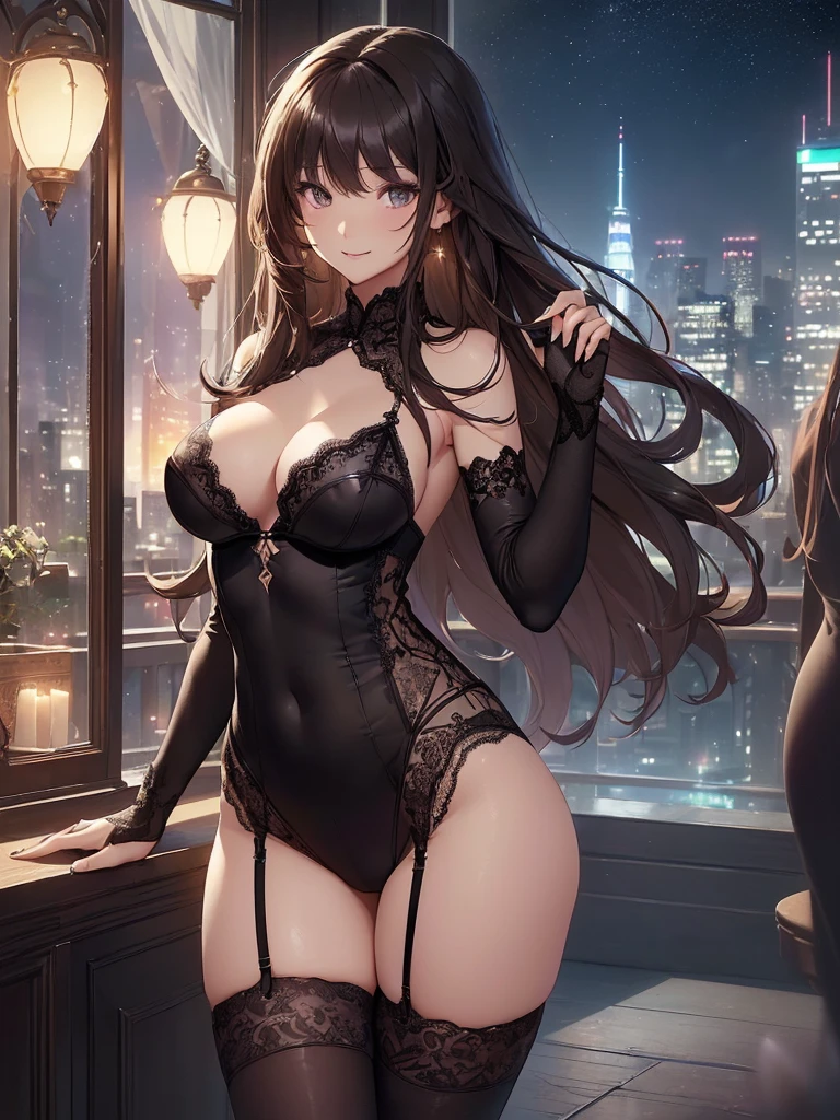 top-quality、Top image quality、masterpiece、Angle seen from the side、Beautiful Gothic woman((20yr old、Best Bust、big bast、Bust 90,Beautiful long hair、A slender、a closeup、Esbian、Beautiful underwear、hiquality、Beautiful Art、Luxury hotel in the city、masutepiece、visualart、depth of fields、、、🎵、Happy smile、、、Beautiful legs that are gentle on the skin、、Number of fingers to achieve precise finger movements、nffsw、nffsw、Kime Pose!Brown hair、、her clothes are black underwear、Fine embroidery、Beautiful pattern、Racing、Feet in black stockings、How about?seductiv、Spread the legitimate starry sky out to the window、beautiful night scene、Sexy mood、Sexy Night.nffsw、Skin-tight sexy leggings and black stockings、Standing in front of the night view of the city covered entirely in glass、nsforgeous body stockings:1.3), (intricate lace:1.4), (Watch thoroughly:1.5),Lights up so it looks three-dimensional、Skin texture、erotic