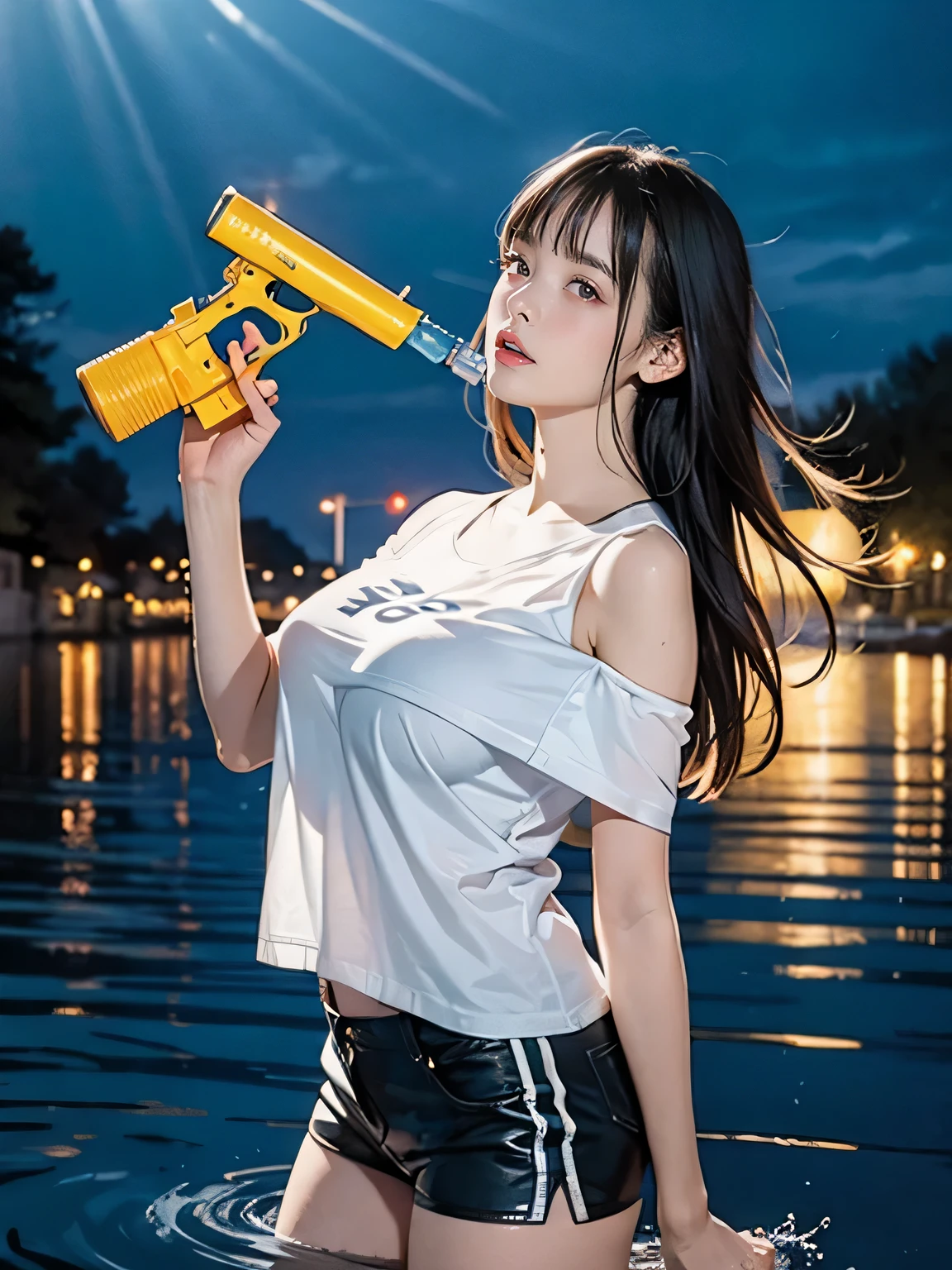 8K image quality, masutepiece, A black-haired Japanese woman with a slight purple reflection、A model poses with a water gun in a park at night (Big breasts: 1.3), See-through white t-shirt, Shorts, flipflops, (One shoulder) ), Long straight hair, Bangs, Realistic skin texture, Natural Skin, holding a water gun in one hand, soaking wet, surrealism, Ray tracing, Cinematic lighting, Sony FE GM, Backlight, masutepiece