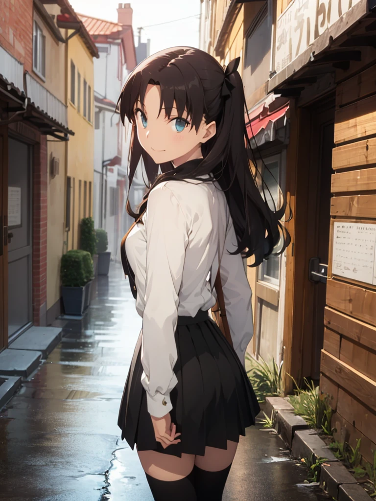 of the highest quality, (masutepiece: 1.2), High Definition, In the street, street scene, Night, Rin Tohsaka, 1girl in, Solo, Standing, side, Looks Back, Look at her, Smiling, Long hair, two side up, Brown hair, Blue eyes, Hair Ribbon, Red Turtleneck, Long sleeves, Pleated skirt, Black skirt, (knee high:1.5)
