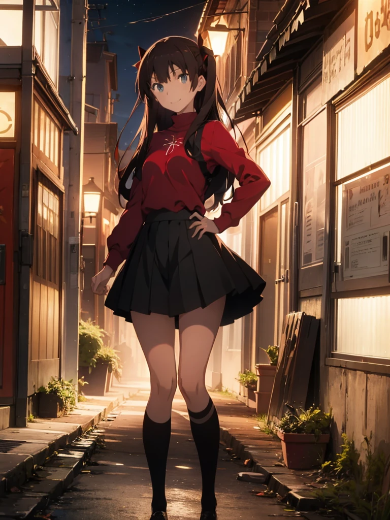 of the highest quality, (masutepiece: 1.2), High Definition, In the street, street scene, Night, Rin Tohsaka, 1girl in, Solo, Standing, side, Looks Back, Look at her, Smiling, Long hair, two side up, Brown hair, Blue eyes, Hair Ribbon, Red Turtleneck, Long sleeves, Pleated skirt, Black skirt, (knee high:1.5)