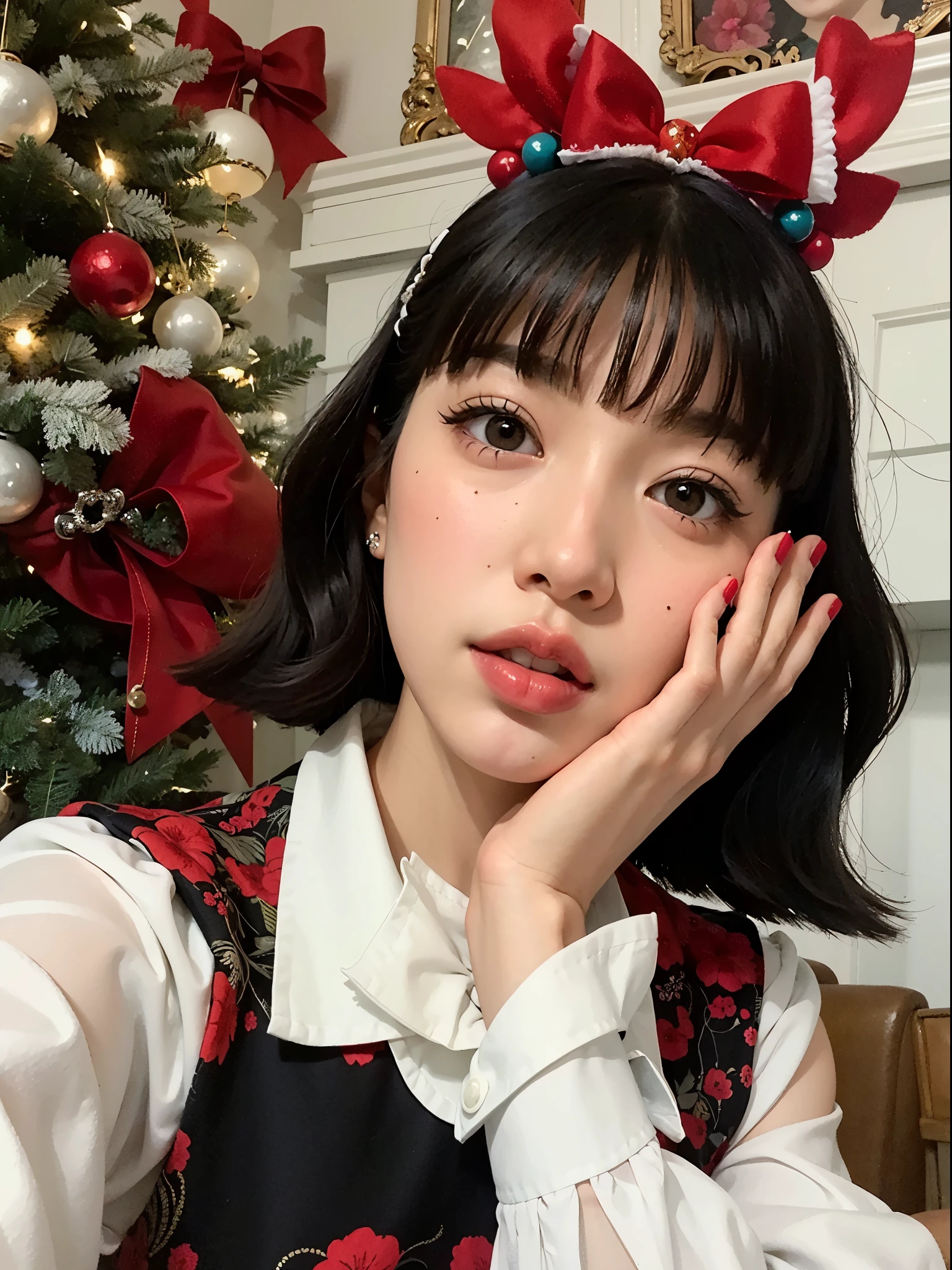 Chica araffe con nariz roja y pajarita negra., ulzzang, Peinado blanco de corte hime, Ruan lindo vtuber, neat hair con flequillo, Wan adorable cara coreana, con flequillo completo, with short hair con flequillo, Retrato realista kawaii, small and thick red lips, young cute wan asian face, con flequillo
