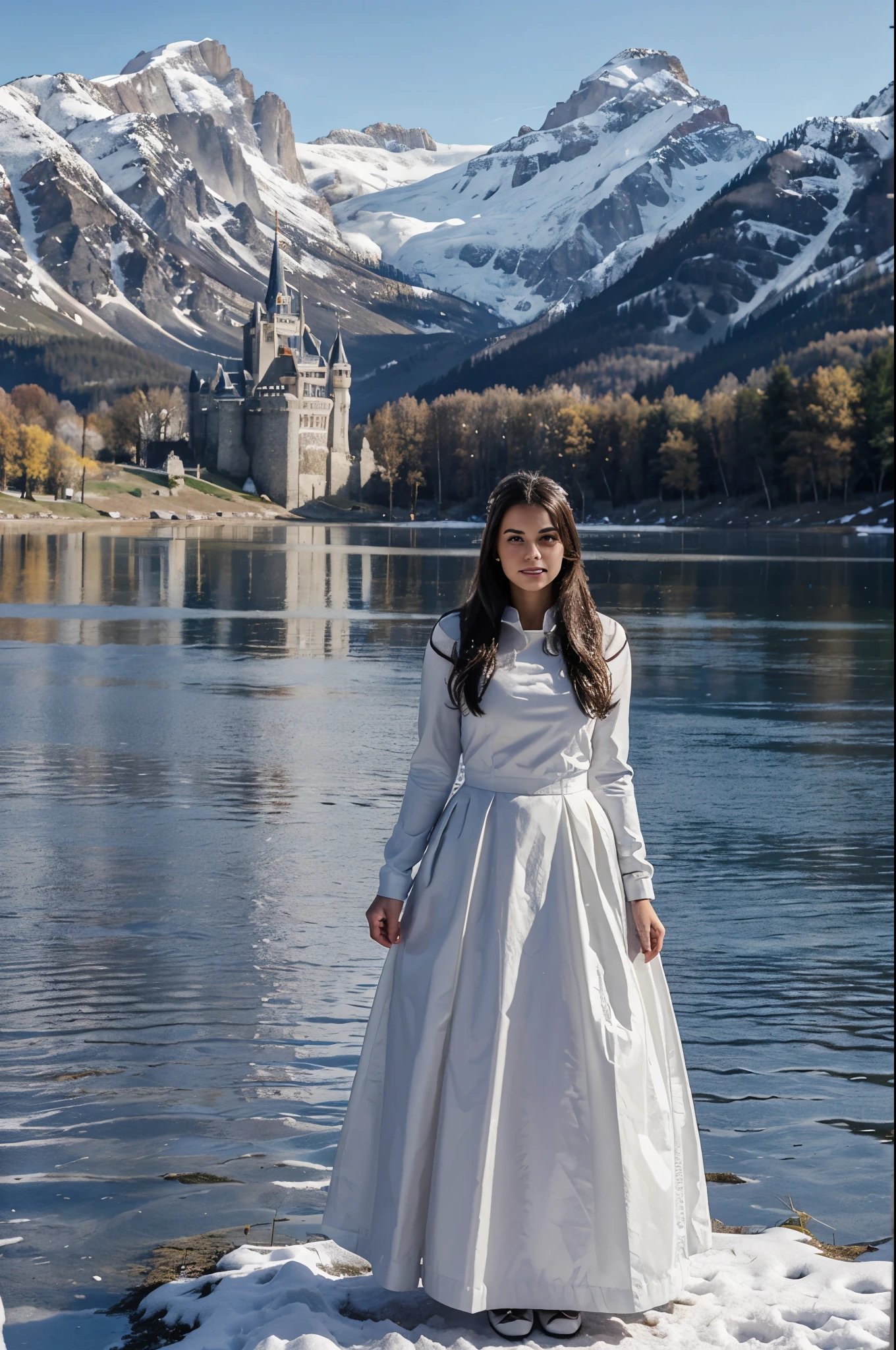 A_princess_standing_in_front_of_a_castle_by_a_lake_with_snowy_mountains_in_the_background