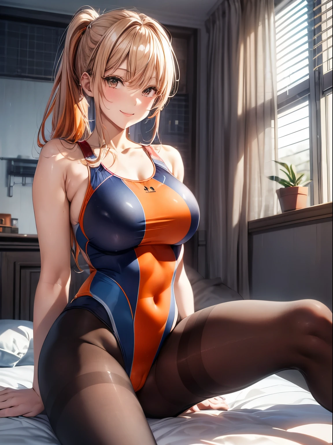 top-quality、Full limbs、complete fingers、Slender beauty、1人の女性、((orange hair woman))、Woman in a ponytail、Beauty busty woman、((Orange competitive swimsuit))、((Brown pantyhose))、A big smile、((Love))、inside in room、a bed