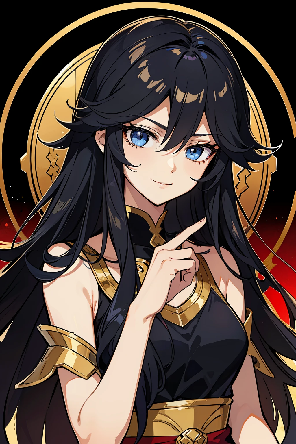 (high-quality, breathtaking),(expressive eyes, perfect face) portrait, 1girl, girl, solo, young adult, black hair, blue coloured eyes, stylised hair, gentle smile, long length hair, loose hair, side bangs, curley hair, really spiky hair, spiked up hair, looking at viewer, portrait, ancient greek clothes, black long sleeved tunic gold trim around collar edges and down middle, greek, red and gold sash, simple background, slightly narrow eyes, small body, happy expression, clothes similar to Hypnos Saint Seiya, C cup size breasts, beautiful hairstyle, soft make up