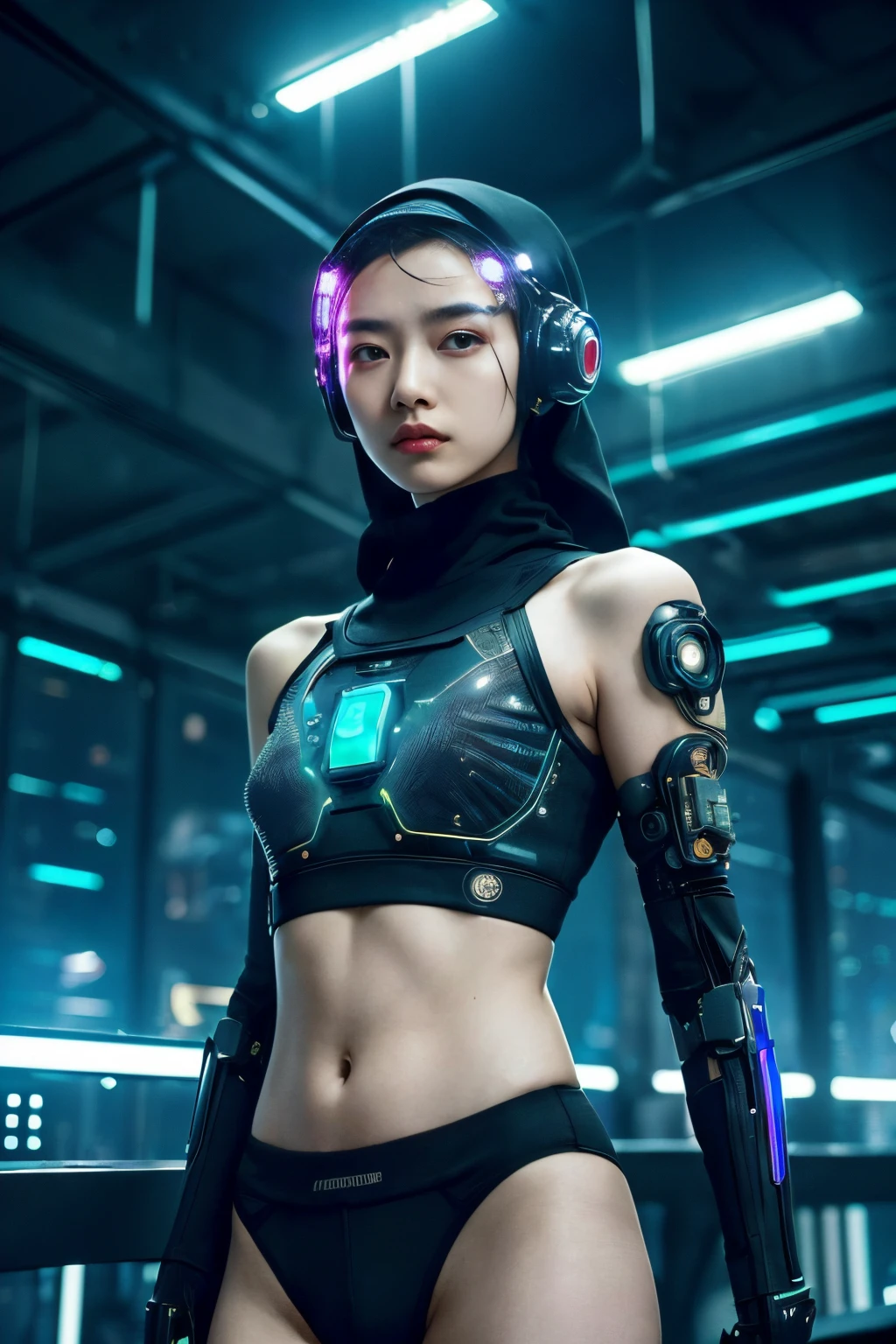 beautiful cyberpunk malay girl in hijab wearing a futuristic head mounted display,  (finely detailed skin), pale skin, (in a deep neckline highly detailed sexy futuristic cyberpunk black crop top and underpants made of circuit boards, cybernetics, japanese words with a flare effect, beautiful epic composition, futuristic, masterpiece, , appealing, posing for a photo