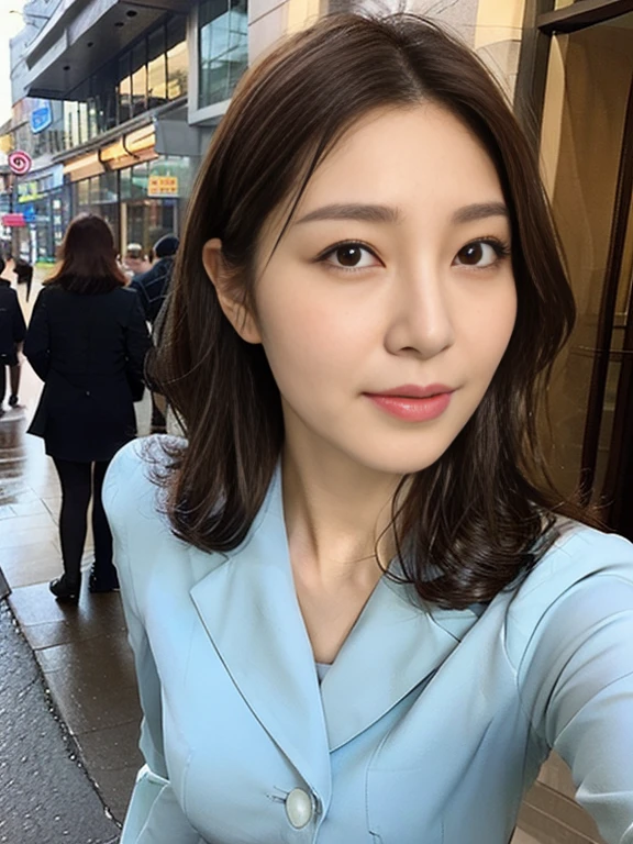 ((中景 the scene is、two-thirds of the body stands))top-quality、tmasterpiece、超A high resolution、(Photorealsitic:1.4)、A Japanese Lady、48-year-old woman，ssmile，Wavy brunette hair、Silk、Long flared skirt（Colossal tits：1.4）、standing on your feet：1.2，Lively streets，Get wet，Slightly Chubby Body：1.2，Straight Body，slightly chubby face：1.2，Wrinkles at the corners of the eyes，Wrinkles at the corners of the mouth，perfect bodies，
