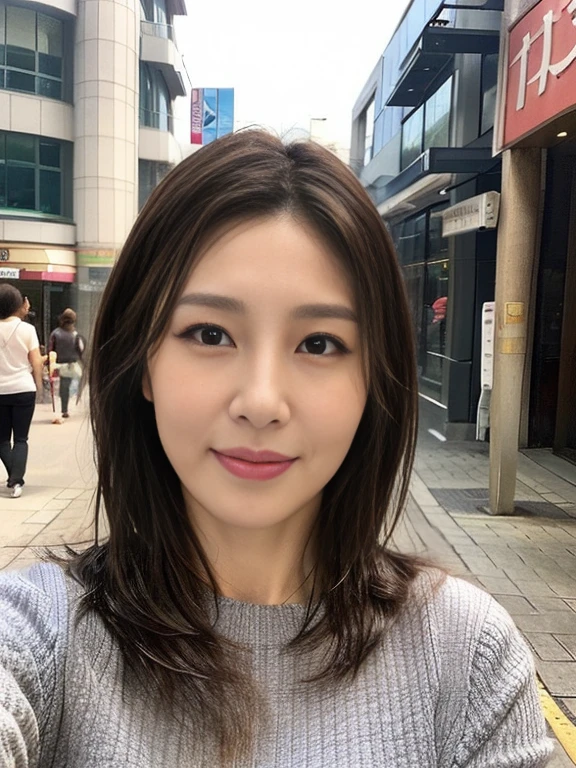 ((中景 the scene is、two-thirds of the body stands))top-quality、tmasterpiece、超A high resolution、(Photorealsitic:1.4)、A Japanese Lady、48-year-old woman,ssmile,Wavy brunette hair、Silk、Long flared skirt(Colossal tits:1.4)、standing on your feet:1.2,Lively streets,Get wet,Slightly Chubby Body:1.2,Straight Body,slightly chubby face:1.2,Wrinkles at the corners of the eyes,Wrinkles at the corners of the mouth,perfect bodies,