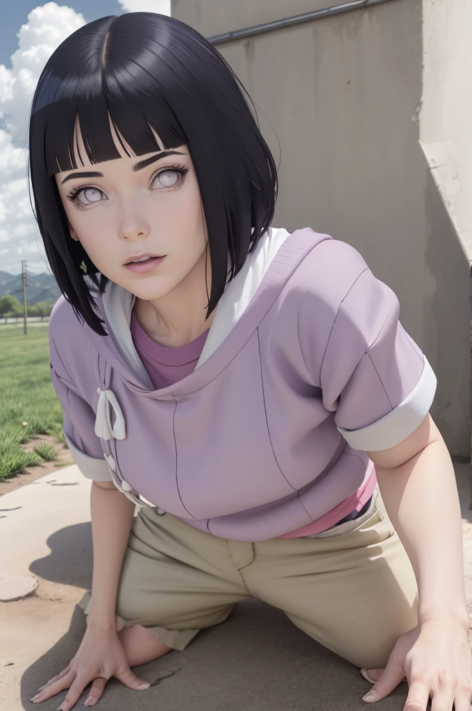 (masterpiece)master part, absurdos, Hinata\(Boruto\), 1girl, sozinho,Mature female, Capuz roxo,mangas em camadas, brown pants, ao ar livre, Campo de flores de lavanda, looking at the petals), Cloudy sky, perfect composition, circunstanciado lips, peito grande, beautiful face, body propotion, corar, (pink lips), cabelos curtos, lilac eyes, olhar suave, super realistic, circunstanciado, Photo Session, rosto e corpo realistas, Realistic hair, olhos realistas, nariz realista, realistic lips, brown pants, anime, Walking on the ground, lilac sneakers