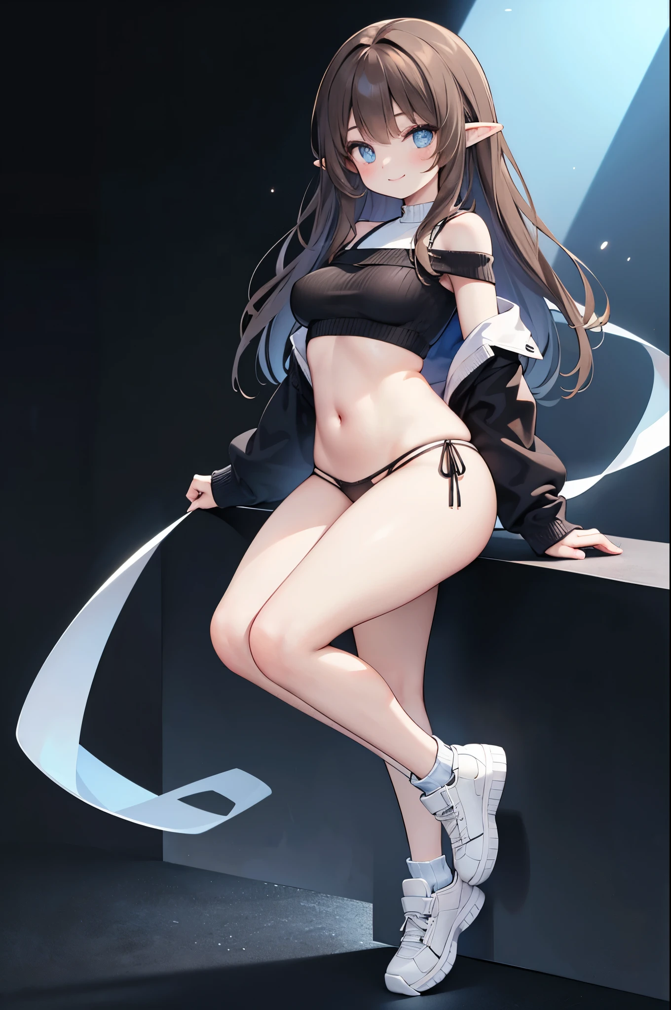 Detail image, realistic image, 1 elf. smiling. She has medium long brown hair which has strands of hair hanging over the right side of her face, large blue eyes and a delicate oval face, small breasts and a slim, curvy figure. She is wearing an off-shoulder sweater, pleated mini skirt. thin thong. sneakers. Full body view. Black background, Uniform background. Ambient light. Volumetric Light