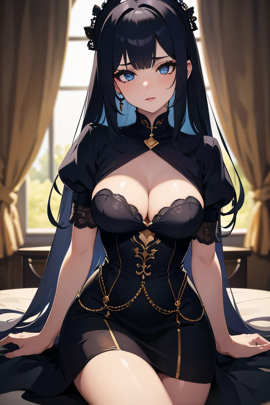 (best quality,4k,highres,masterpiece:1.2), 1 girl, beautiful detailed blue eyes, beautiful detailed lips, long eyelashes, aesthetic black hair, glowing blue inner hair, aesthetic stockings, busty, sexy, vivid colors, full body, beautiful dress
