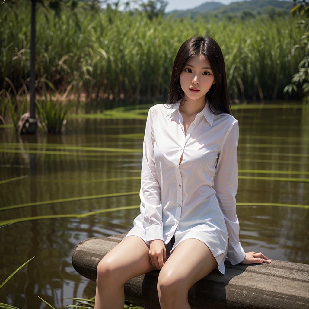 Beautiful Lao girl, Torn shirt, Seeing the nipples, Beautiful, long-haired, 8K clarity, sitting in the middle of a rice field