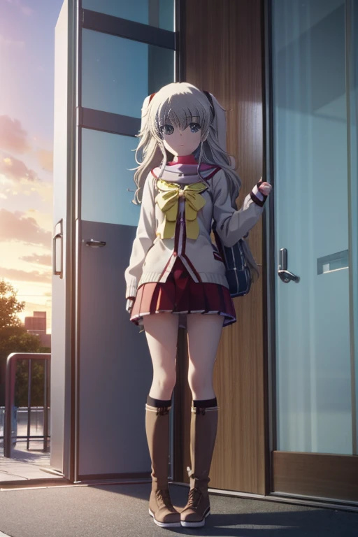 (((image perfect))), (absurderes), 1girl in, Solo, Nao Tomori,  Looking at Viewer, crass room, window, light  leaks，long court，muffler，green long sweater，a miniskirt，knee high socks，brown short boots，In the street，Cold sky，Winters，yuki