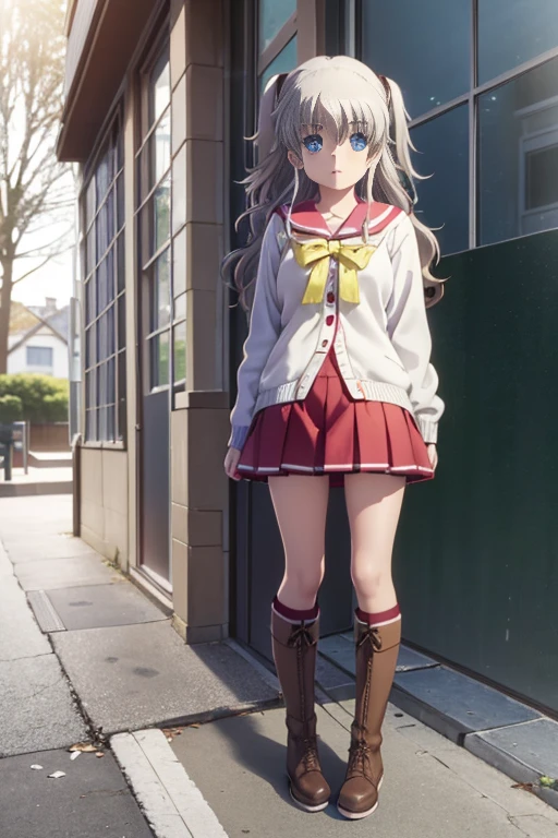 (((image perfect))), (absurderes), 1girl in, Solo, Nao Tomori,  Looking at Viewer, crass room, window, light  leaks，long court，muffler，green long sweater，a miniskirt，knee high socks，brown short boots，In the street，Cold sky，Winters，yuki