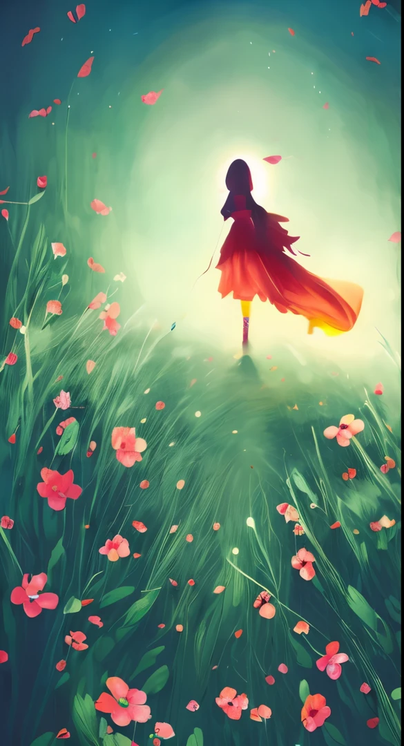 a woman in a red dress is walking through a field of flowers, a beautiful artwork chalk illustration, beautiful digital illustration, girl walking in a flower field, beautiful digital artwork, beautiful digital painting, inspired by Jakub Schikaneder, very beautiful digital art, dreamy illustration, in style of cyril rolando, blurred and dreamy illustration, blurry and dreamy illustration