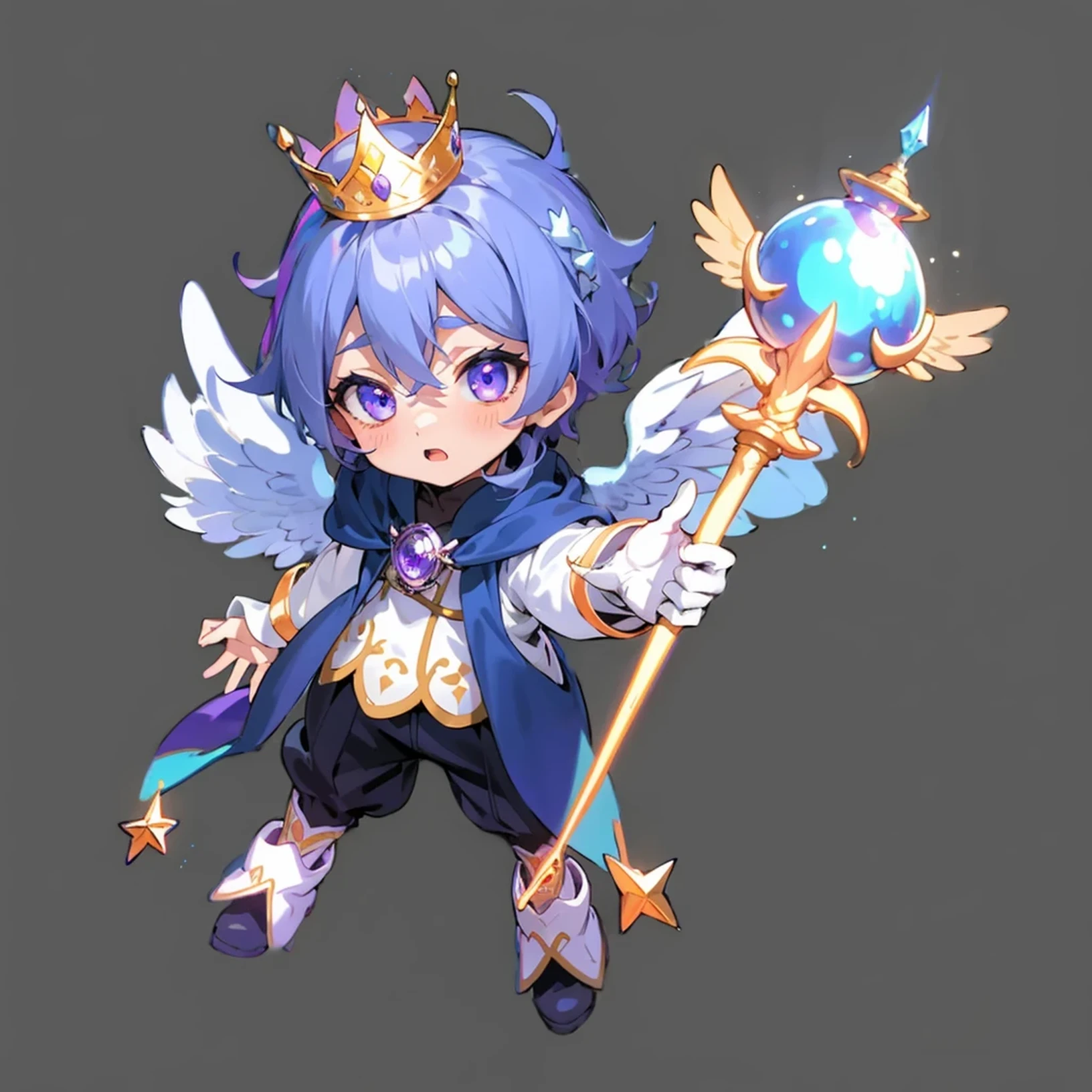 A boy with,Blue-purple hair,Orange eyes,Wearing a crown,White top,golden lace,black trouser suit,boots,Oversized wings,围巾,precious stoneantastic and magical,magical staff,court room,Exquisite