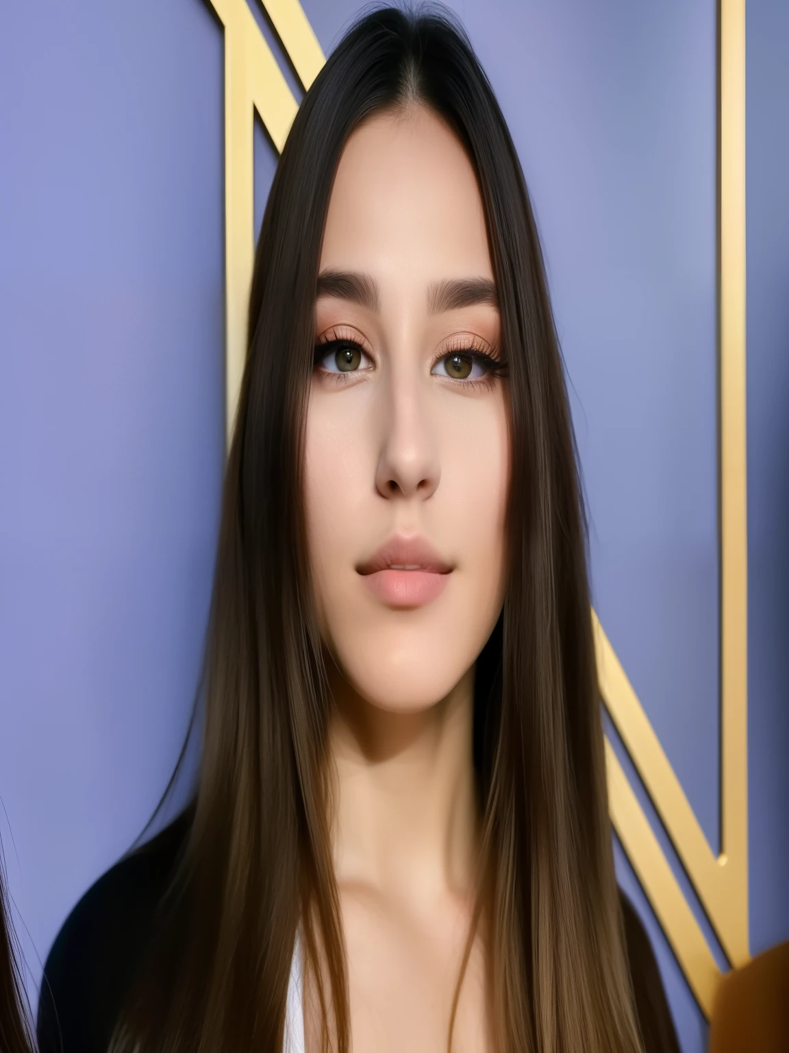 CREATE A VARIATION inspired by the plucked image of a woman with long hair and a white shirt, very beautiful, portrait, nose, taken in the early 2020s, with very thin lips, intense look, stunning photo