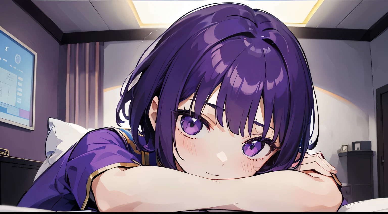 (tmasterpiece,4k wallpaper,best qualtiy))、((girl with1a person))、(独奏)、Brilliant,(Purple hair)、short-cut、deadpan、close up of face、suits、(natta:1.3)、on the beds、murky、bedroom