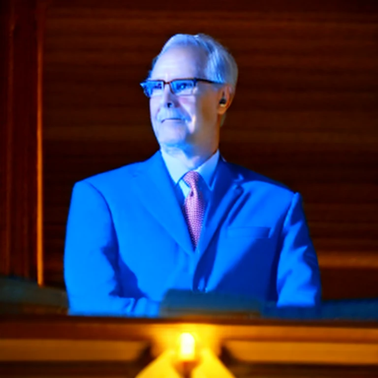 Best Quality,Night view from the summit,4k realistic,Shining stars々,Dim light , Middle-aged man wearing a dark blue suit_(Wearing glasses),, Blue eyes, Silvery head hair, cana, Black hat,Standing