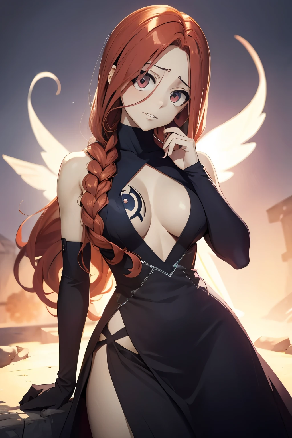 anime fairy tail, personaje lflare, pelo anaranjado largo en dos coletas, rostro hermoso, pecho grande, trasero grande, Curvaceous Body, calidad, 4k, adolescente, atractiva.
Flare es una joven de piel clara de estatura media, con el pelo largo, color rojo, They are gathered on both sides of the head and tied into a pair of braided pigtails, masivas, que llegan hasta la cintura, y parecen seguir siendo por lo general arqueado, Backwards. Ella tiene labios gruesos y ojos rojizos, que siempre se muestran algo de par en par, que, junto con las cejas levantadas y perpetuamente su boca semi-abierta, gives him a somewhat crazy expression. Furthermore, ella parece tener bolsas visibles por debajo de los ojos, agregando a su aspecto distintivo. Flare posee un cuerpo muy voluptuoso, con senos masivos encontrados por las caderas de manera similar, la dota de una casi perfecta figura de un reloj de arena. Su hombro izquierdo tiene una cicatriz en forma de una "X", y su oscura marca de Gremio se encuentra en la parte superior de su pecho derecho.

Flare tiene un vestido rojo muy revelador, que deja la mayor parte de su cuerpo superior al descubierto, es decir, su espalda, los lados y una gran parte de su escote que casi le llega hasta el ombligo (y, en consecuencia, parte de su marca de gremio) completamente expuestos, asegurado por correas de cuello halter. El vestido casi llega hasta los tobillos, con la parte que cubre sus piernas con volantes, and a lighter section, consisting of two elongated patches that act as a leash of sorts, en correspondencia a la cintura, al parecer, it is sewn to the clothes. El traje de Flare se completa con guantes largos que llegan casi hasta los hombros, haciendo coincidir su vestido en color, each with a small cut on the outer top edge, y las botas simples y de color claro