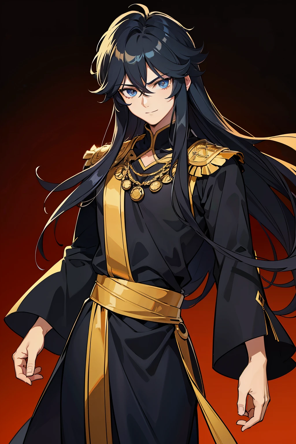 (high-quality, breathtaking),(expressive eyes, perfect face) portrait, 1boy, male, solo, young adult, black hair, blue coloured eyes, stylised hair, gentle smile, long length hair, loose hair, side bangs, curley hair, really spiky hair, spiked up hair, looking at viewer, portrait, ancient greek clothes, black long sleeved tunic gold trim around collar edges and down middle, greek, red and gold sash, simple background, slightly narrow eyes, masculine face, masculine eyes, face, happy expression, clothes similar to Hypnos Saint Seiya
