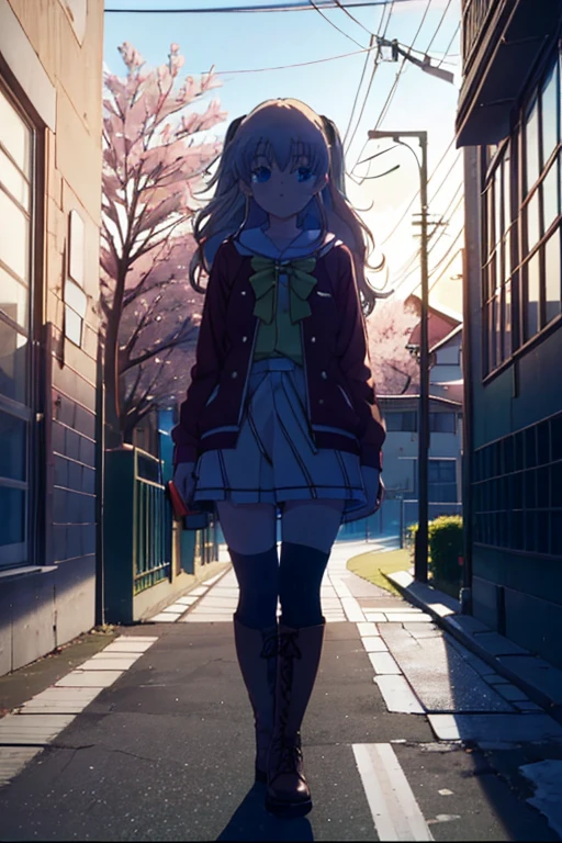 (((image perfect))), (absurderes), 1girl in, Solo, Nao Tomori,  Looking at Viewer, crass room, window, light  leaks，long court，muffler，green long sweater，a miniskirt，knee high socks，brown short boots，In the street，Cold sky，Winters，yuki