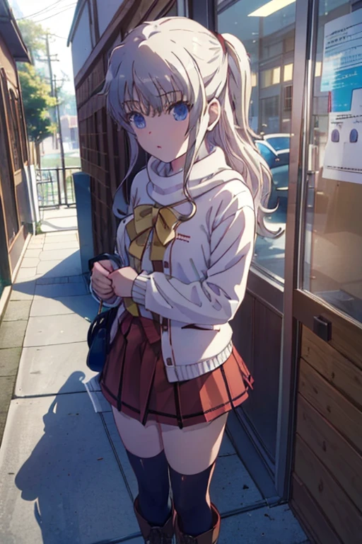 (((image perfect))), (absurderes), 1girl in, Solo, Nao Tomori,  Looking at Viewer, crass room, window, light  leaks，long court，muffler，green long sweater，a miniskirt，knee high socks，brown short boots，In the street，Cold sky，Winters，yuki