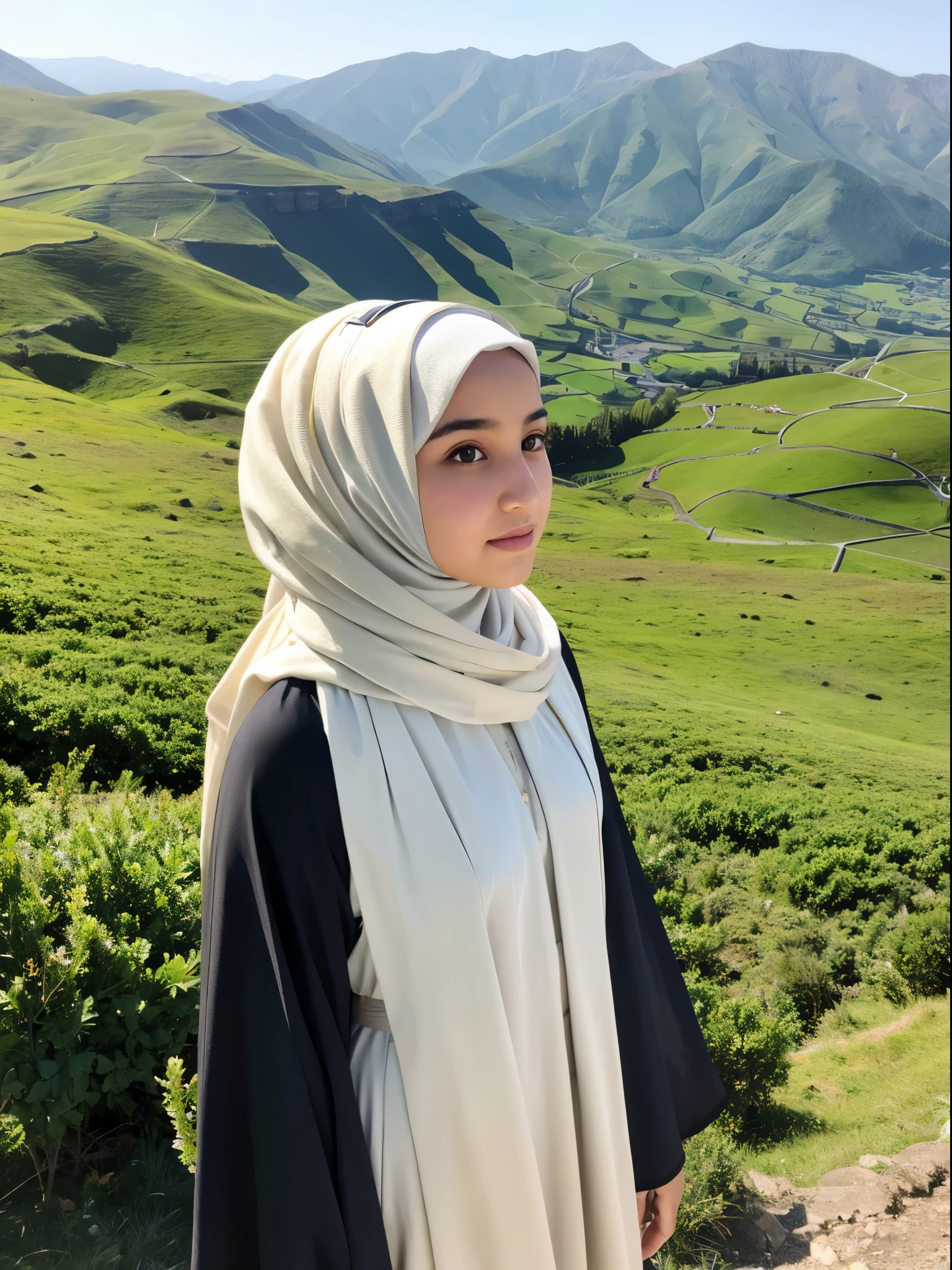 middle eastern girl, hijab, gamis, mountain
