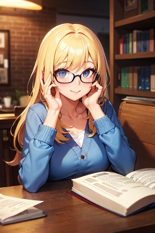 Blonde girl in glasses reading a book while drinking coffee