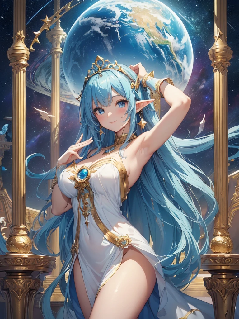 top-quality、Top image quality、​masterpiece、Super beautiful elf beauty((24 year old、Best Bust、big bast、Bust 90,beautiful blue long ironed hair、a blond、globe、A sexy、A slender、a closeup、Esbian、beautiful tiara、hiquality、Beautiful Art、Background with((starrysky)))masutepiece、visualart、depth of fields、low angle of morning sky、、Elven ears、、light magic、Space Knight、harp melody🎵、Happy smile、Gentle light、、Beautiful legs that are gentle on the skin、、、Number of fingers to achieve precise finger movements、ticker beautiful decoration underwear、elegent、Mystical　Rosa、　heaven、Marble pillars, beautiful dressy、magnificent marble dome、巨大なglobe、religious painting、Embracing the Earth、temple of time、spectacular clock、hour glass、sundial、the moment of creation！