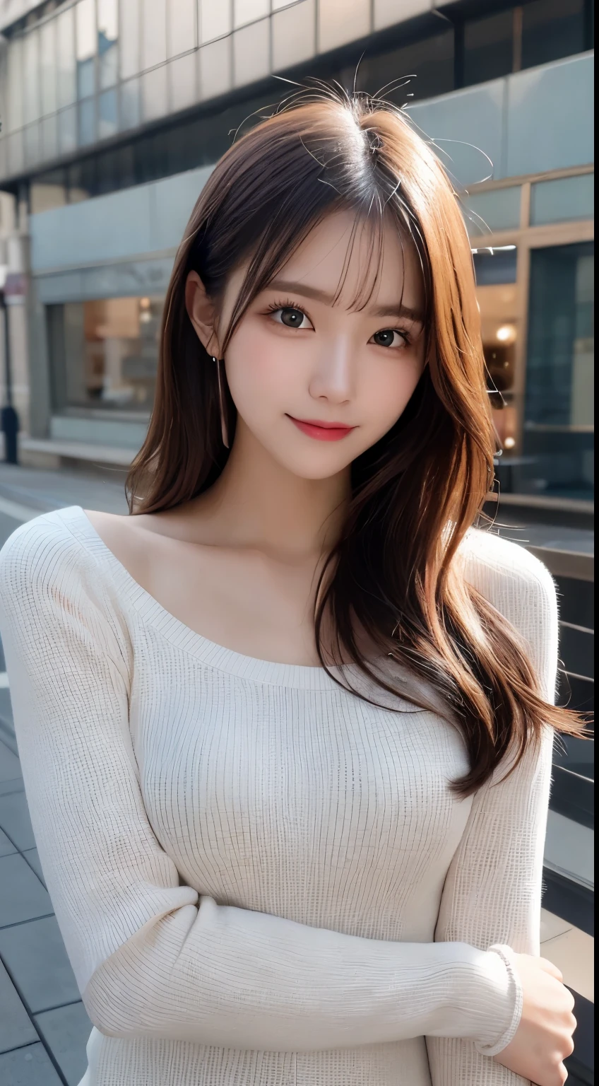 masutepiece, Best Quality, Illustration, Ultra-detailed, finely detail, hight resolution, 8K Wallpaper, Perfect dynamic composition, Beautiful detailed eyes, Elegant winter clothes,Medium Hair,Small breasts natural color lip, Bold sexy poses,Smile、20 years girl、Cute、Sexy shot looking at camera,natta,beautifull detailed face,Classy face,Perfect and beautiful face,Slim face and body,Spread your arms wide、Background blur