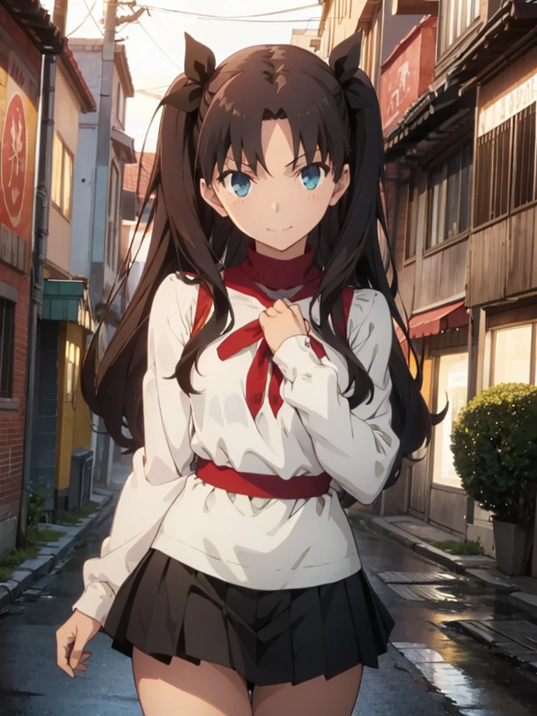 of the highest quality, (masutepiece: 1.2), High Definition, In the street, street scene, Night, Rin Tohsaka, 1girl in, Solo, Standing, side, Looks Back, Look at her, Smiling, Long hair, two side up, Brown hair, Blue eyes, Hair Ribbon, Red Turtleneck, Long sleeves, Pleated skirt, Black skirt, knee high