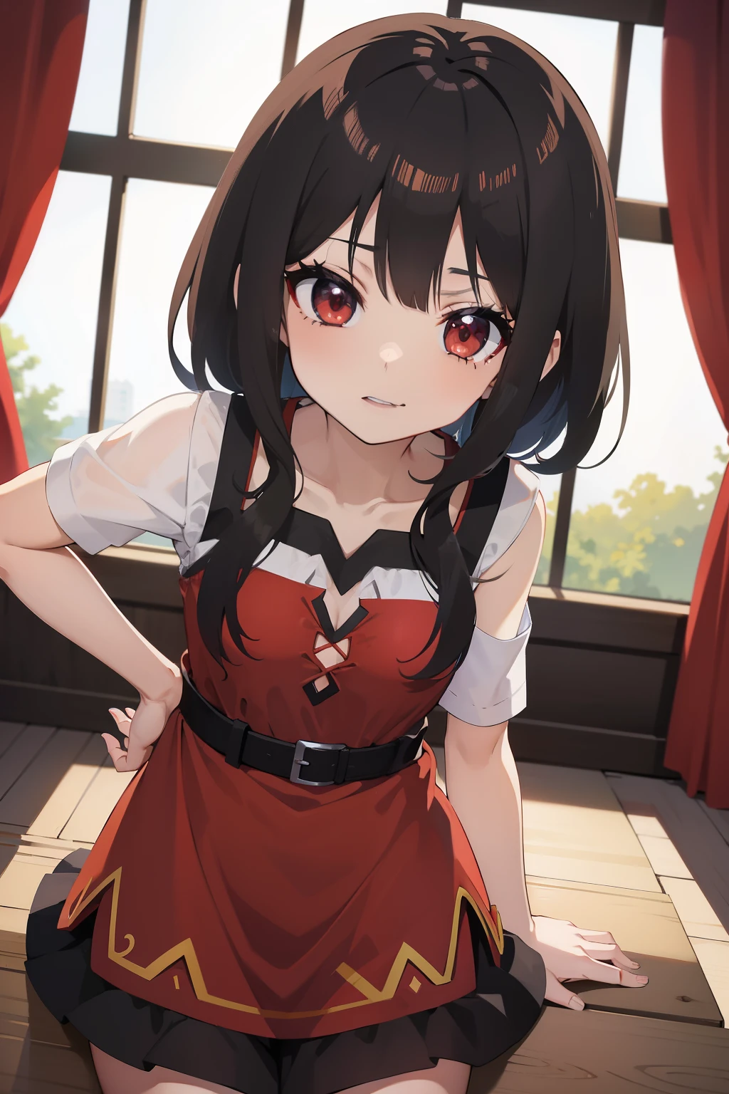 Anime menina Megumin vampier vestido de tecelagem, red eyes, cabelos curtos e castanhos.