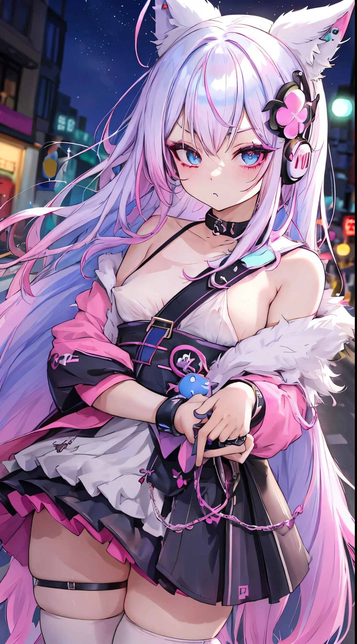 head phone、A pink-haired、blue hairs、goth_punk, 1girl in, 独奏, medium shot, Walking in Harajuku, ((during night)), bokeh dof, Neon light, Iridescent eyes, starrysky, White shiny hair, White eyebrows, Radiant hair, (iridescent white hair), 耳Nipple Ring, bangss, jewely, masks, 鈍いbangss, verd s eyes, 口元masks, bblurry背景, bblurry, hair adornments, Look at viewers, shorth hair, portraitures, side locks