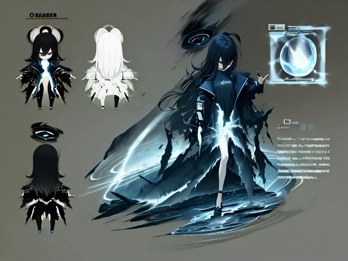 Girl, Large breast, whispy scarf, full body concept, holding a single handed mini gun, shattered dark halo, long pitch dark hair, clothed in a dark ethereal jacket and t-shirt, dark fog surrounds her, cute character, dark ethereal eyes, and dark matter rift as an partner, shy expression