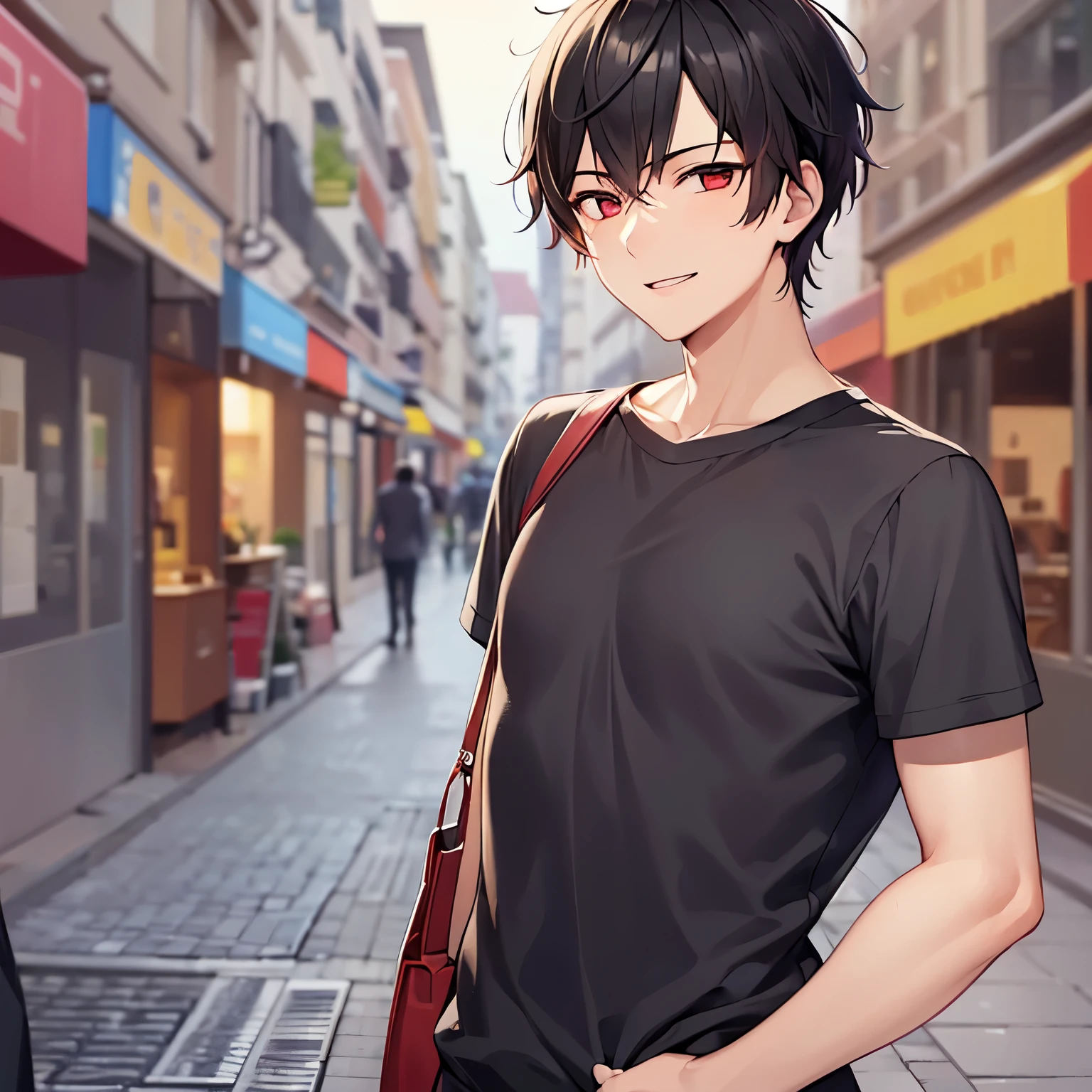 masterpiece、hightquality、during daytime、Shooting from below、(25 year old man with short black hair and red eyes:1.5)、Wearing a plain black T-shirt、(Alone:1.5)、(smile:1.1)、Close-up of your face、(Only the upper body is shown.:1.3)、The background is a shopping street、Bold composition、