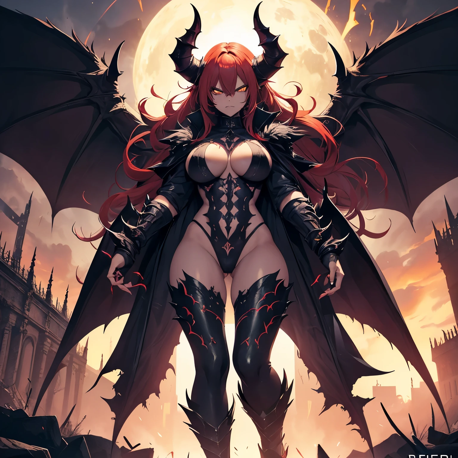 Demon woman, black horns, mature, athletic, full body photo, very angry face, long fangs, diamond face, demon tail, wings demon, strong shadows, yellow light, bloodborne, detailed face, sparks, muscles, gargolyes background, hell, jail, night, detailed abs, bloody fangs, bloody mouth, hurts, scars, shinying eyes, war pose, long claws, bloody claws, perfect vaginal shape, (masterpiece), perfect, direct light, underlight, long nails, claws, piercing, nipple piercing, flowing hair, detalied vagina, strong jaw, golden sky, large boobs, 30s years old, fit, Demonic queen, gothic, big tits, horns, tail, dark demon wings, massive ass, thick thighs, long torso, wide waist, skinny torso, abs, fit, perfect face, armor, attacking, perfect eyes, perfect mouth, perfect nose, attacking