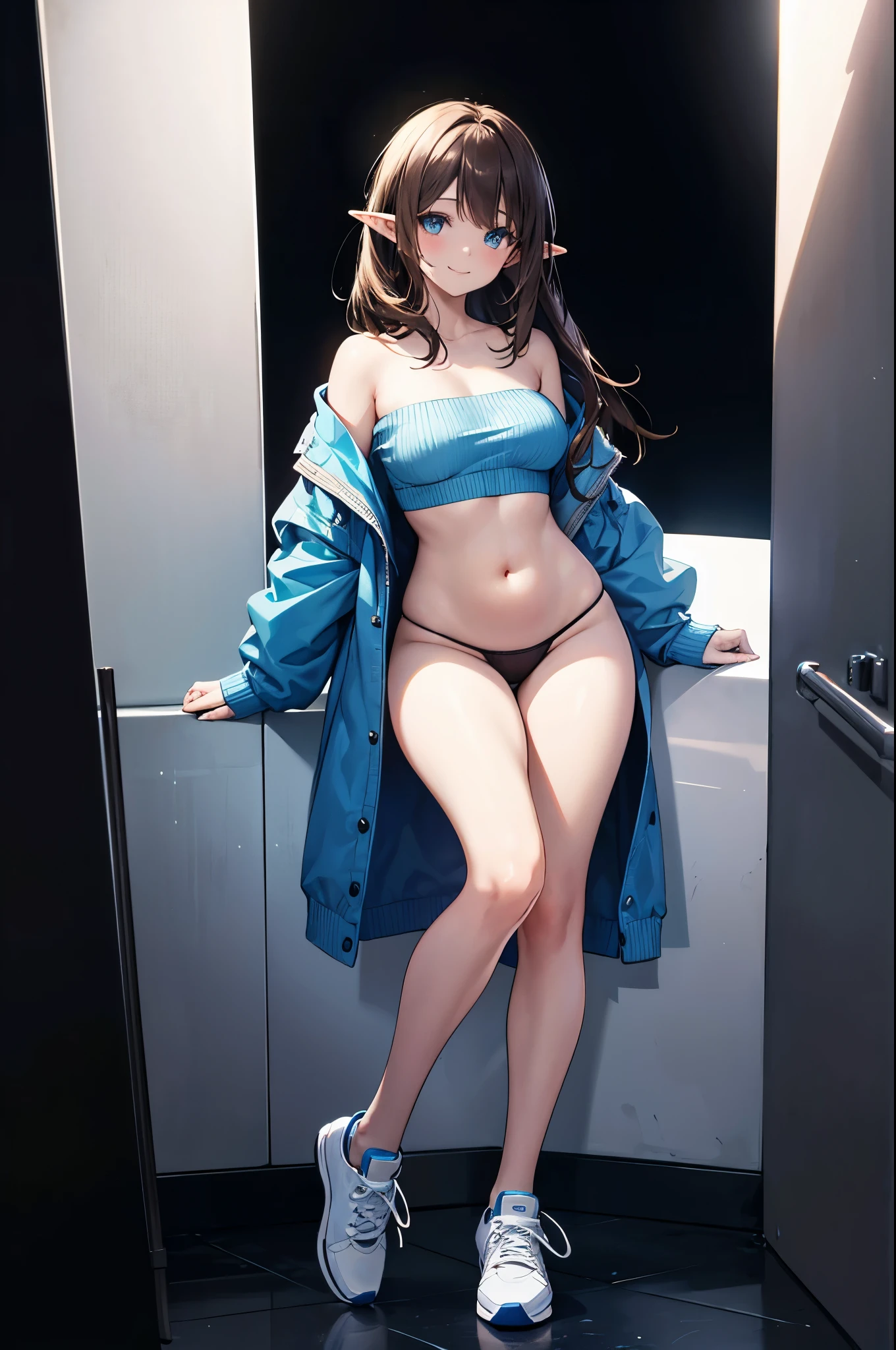 Detail image, realistic image, 1 elf. smiling. She has medium long brown hair which has strands of hair hanging over the right side of her face, large blue eyes and a delicate oval face, small breasts and a slim, curvy figure. She is wearing an off-shoulder sweater, thin thong. sneakers. Full body view. Black background, Uniform background. Ambient light. Volumetric Light
