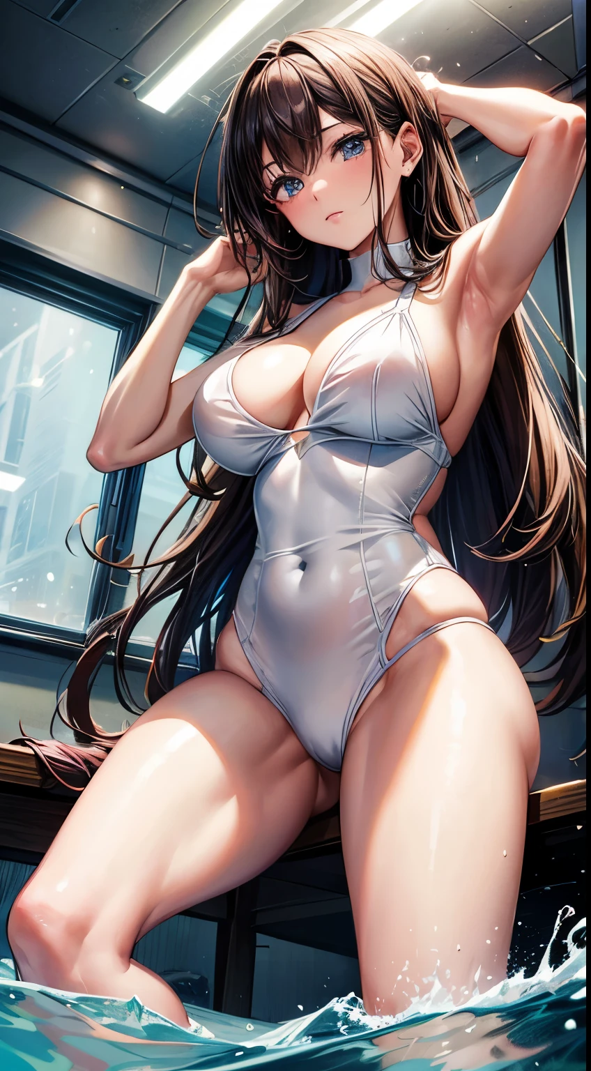 ((masterpiece)), ((best quality)), (ultra-detailed), ((extremely detailed)), 4K, (8K), best quality, (beautiful), anime style, upper body, look up from below, full body focus, in the classroom, a cute girl, 1girl, solo, gym shorts, beautiful light brown hair, ((beautiful eyes)), long hair, buttocks, large breast, ashamed, sparkling effect, lens flare, shiny-glistening, gleaming