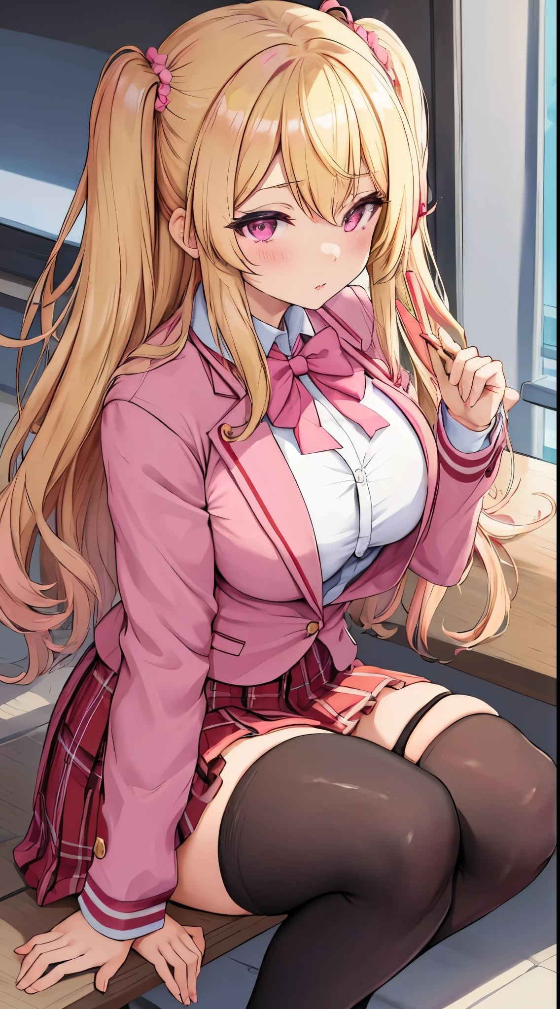 masterpiece, high quality, 1girl, gyaru, blonde hair, pink eyes, school uniform, thighhighs, pink bra