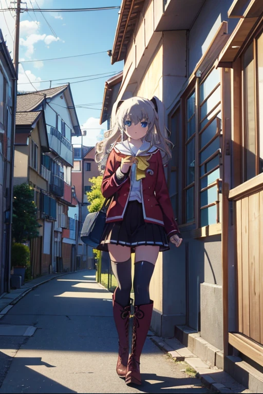 masutepiece, Best Quality,the Extremely Detailed CG Unity 8K Wallpapers, (((image perfect))), (absurderes), 1girl in, Solo, Nao Tomori,  Looking at Viewer, crass room, window, light  leaks，long court，muffler，green long sweater，a miniskirt，knee high socks short boots，In the street，Cold sky，Winters，Yuki