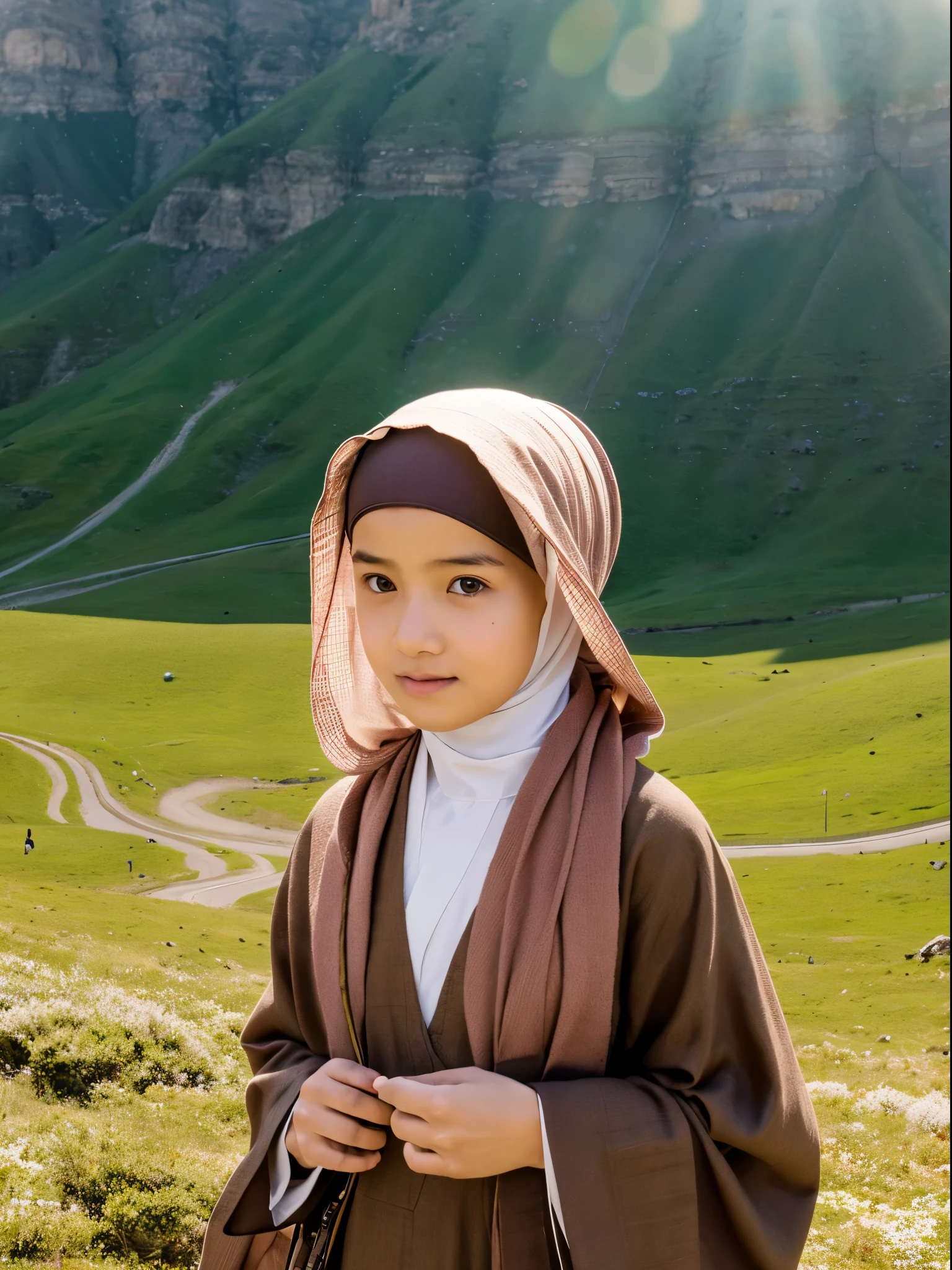 middle eastern girl, hijab, gamis, mountain