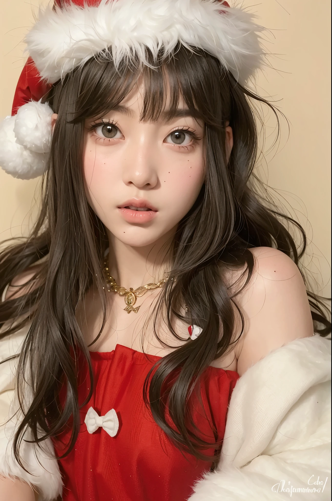 Arafed girl in Santa hat and red dress with white fur., ulzzang, Sakimichan, con cabello largo y ojos penetrantes, flequillo esponjoso, Ojos grandes y cabello largo y suelto, muy hermosa linda catgirl, 🤤 girl portrait, Lalisa Manobal, Pelo largo con flequillo, Elf girl, Cabello limpio con flequillo